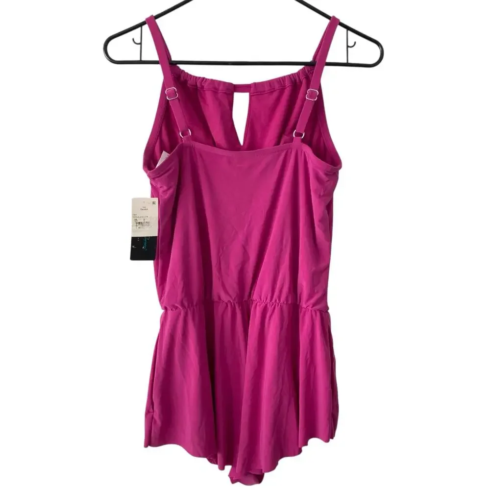 NEW AQUA GREEN Pink Keyhole Blouson Romper Swimsuit Size Small Mesh Overlay